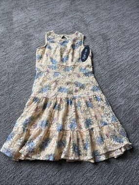 Floral Lace Tiered Girls' Dress in Cream and Blue